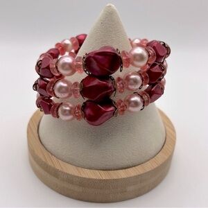 Vintage Light Pink Dusty Rose Faux Pearl Layered Beaded Cuff Wire Bracelet